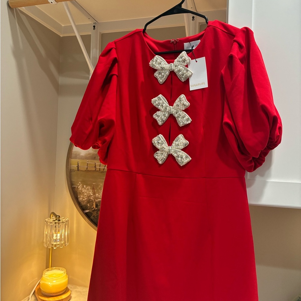 Sugarlips Girls' Red Dress with Pearl Rhinestone Bow Accents